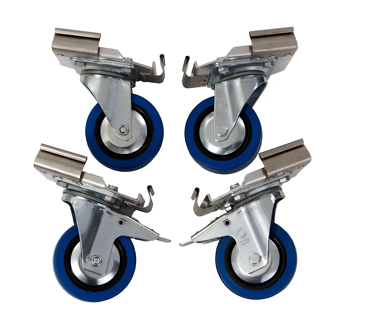 Ruedas giratorias para cajas de transporte Alutec serie COMFORT/CLASSIC/INDUSTRY, Ø 100 x W 26 x H 128 mm, goma maciza, azul, 4 piezas