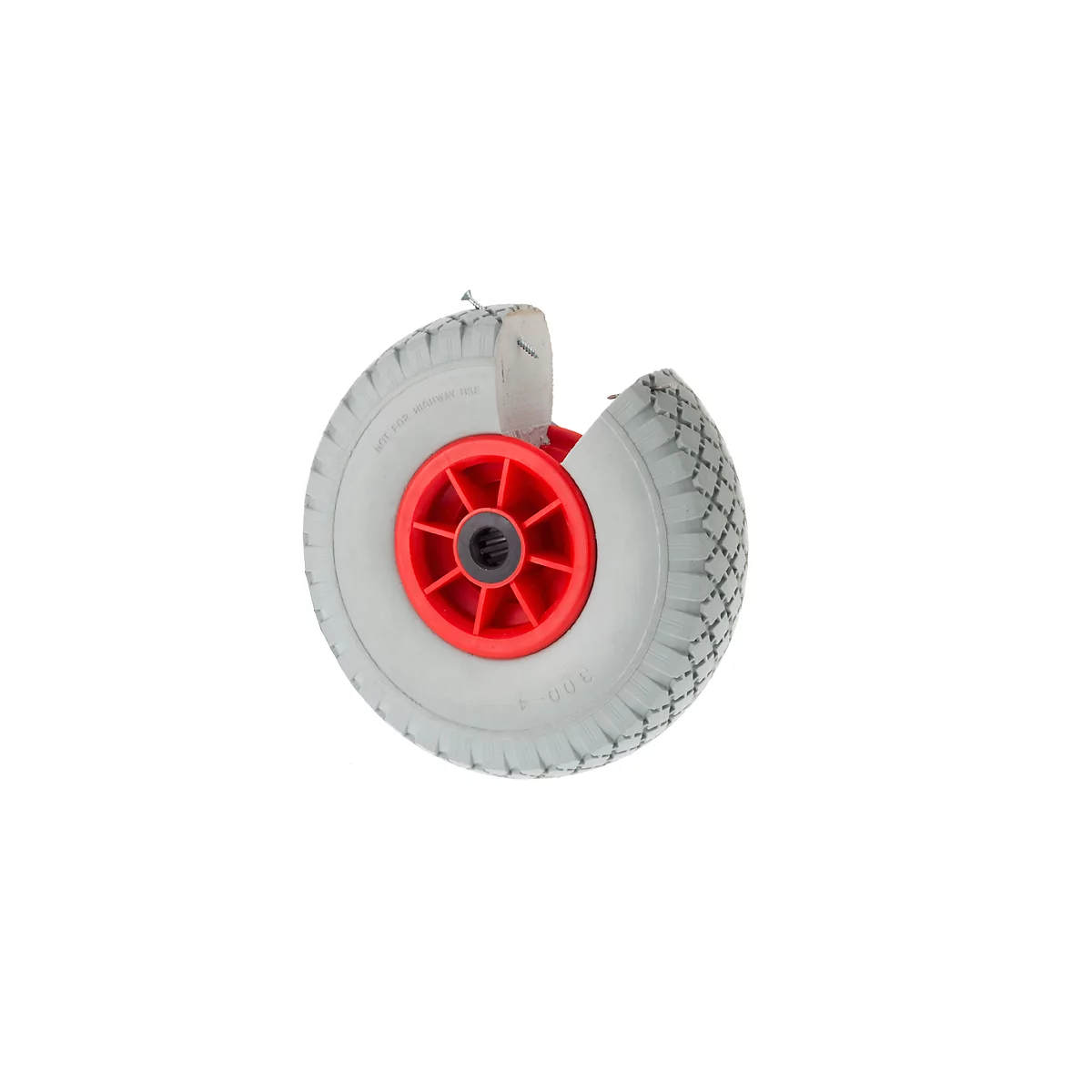 Rueda de silla de ruedas con buje rojo, neumático gris, detalles de la textura de la superficie.