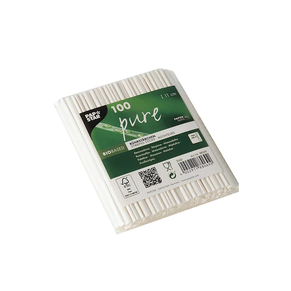 Weiße Wattestäbchen, verpackt in einer rechteckigen Packung mit Produktbeschriftung.