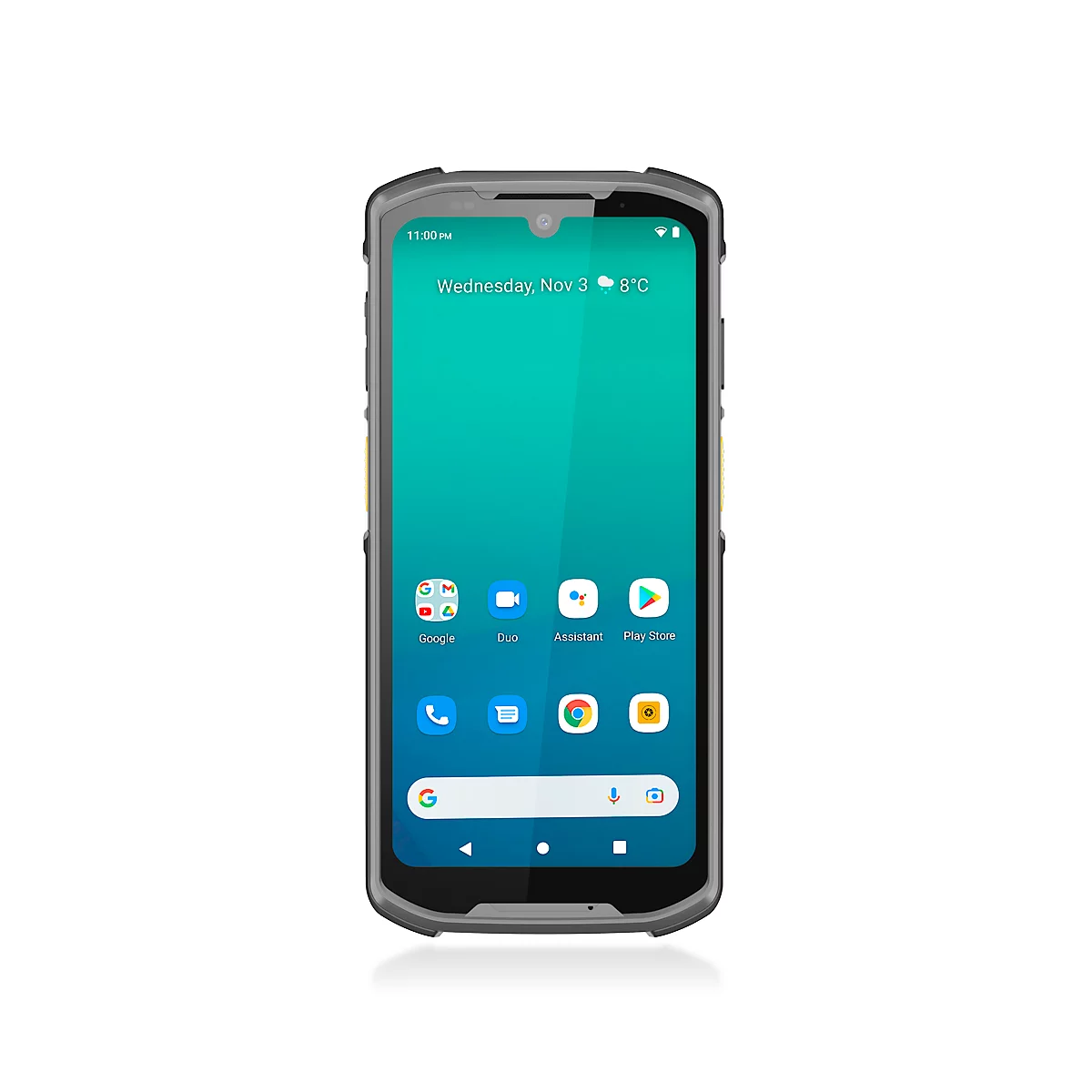 Robustes Smartphone, Display mit App-Symbolen und Datumsanzeige. Grauer Rahmen, gelbe Akzente.