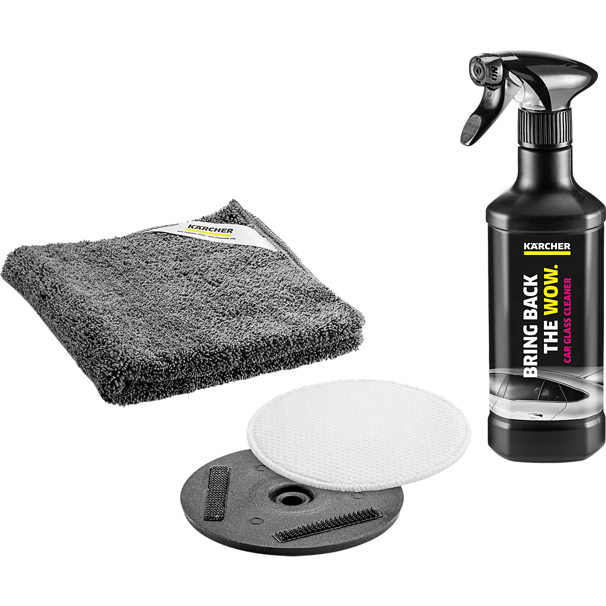 Kärcher autoruitreinigingsset: microvezeldoek, polijstpads en glazen reinigersprayfles met tekst.