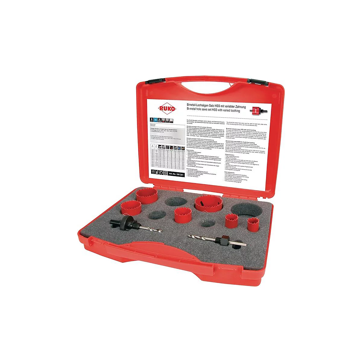 Rode gereedschapskist met gatzagen en boorbits, geopend. Opschrift "RUKO", "Bimetal hole saw set HSS".