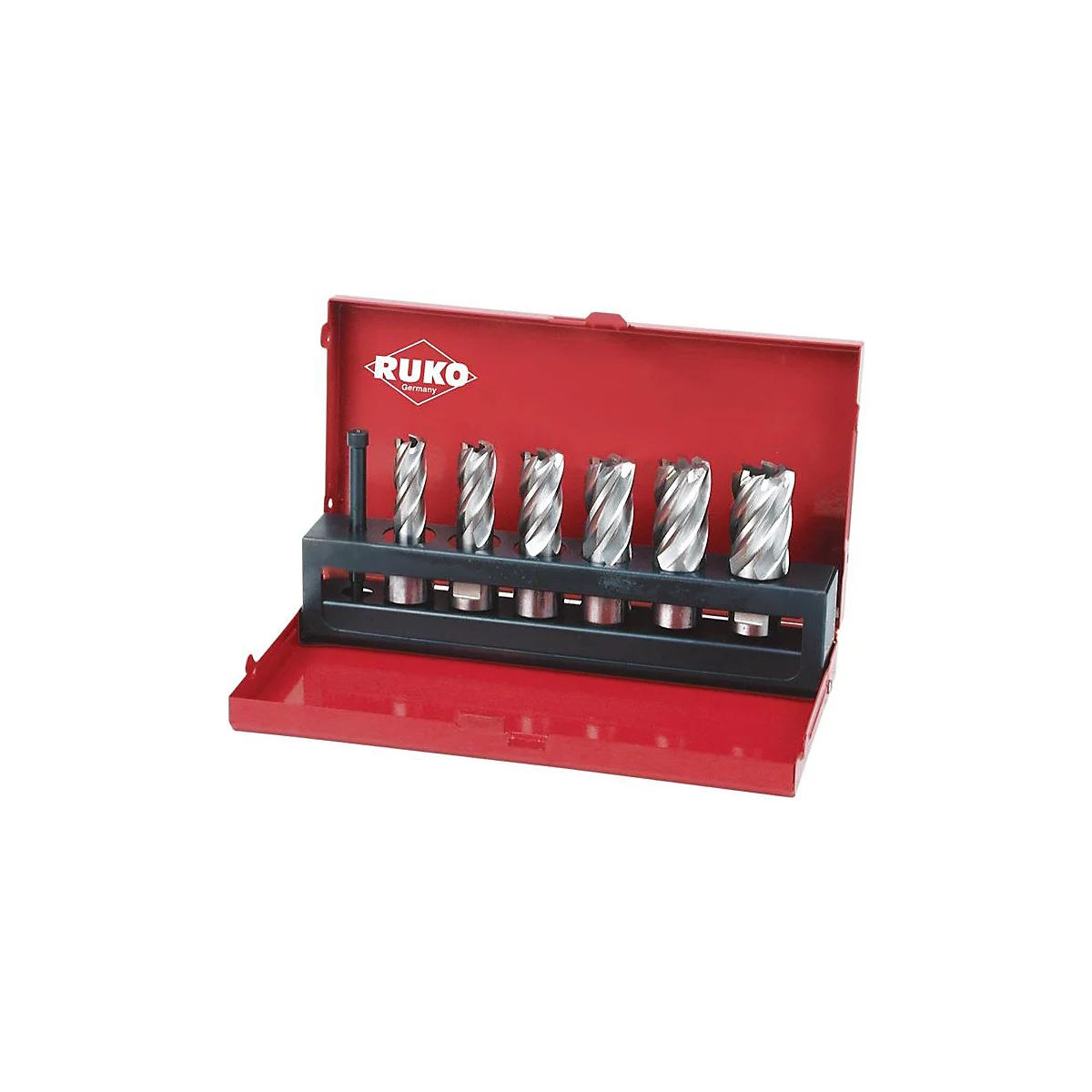 Boîte en métal peinte en rouge avec des accessoires de perçage. Inscription "RUKO Germany".