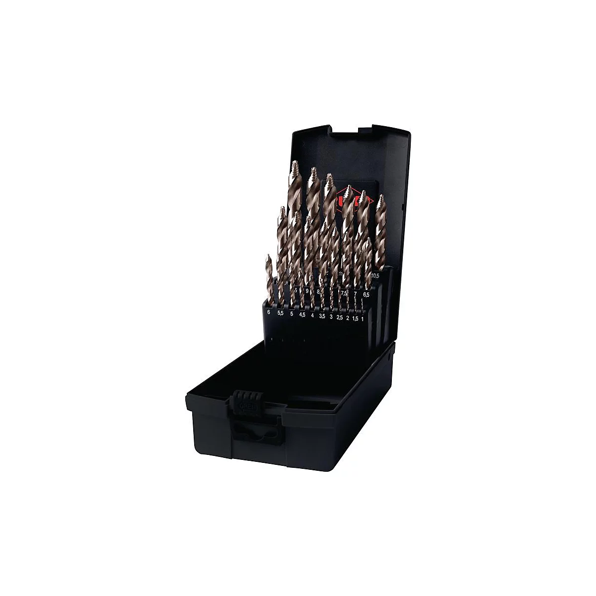 Boîte à outils avec des mèches hélicoïdales de différentes tailles. Boîte noire avec indications de taille.
