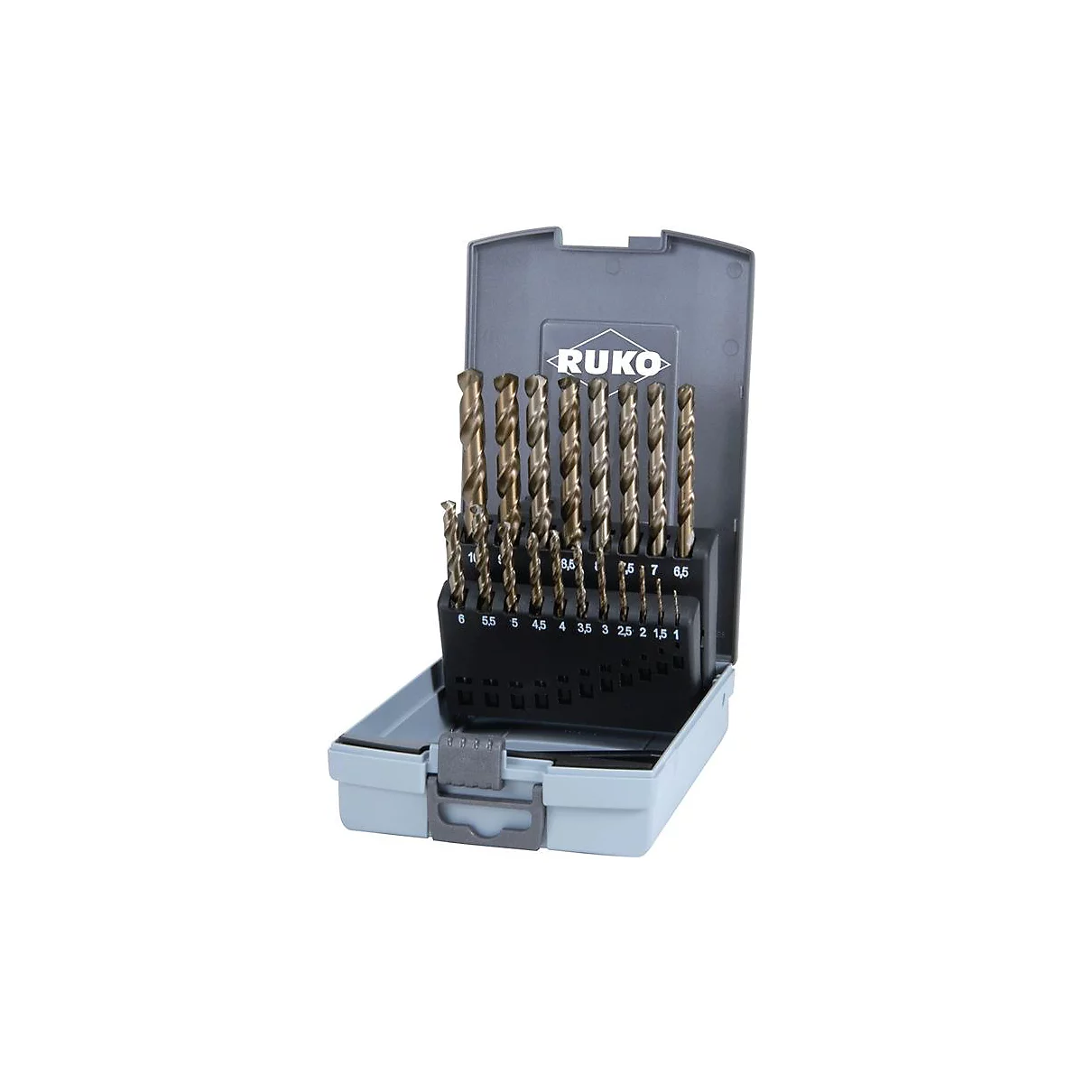 RUKO Spiralbohrersatz DIN 338 Typ VA, Ø 1-10 mm x 0,5 mm, HSS-Co5 Gold, Spitzenwinkel 130°, 19-teilig, Kunststoffkassette