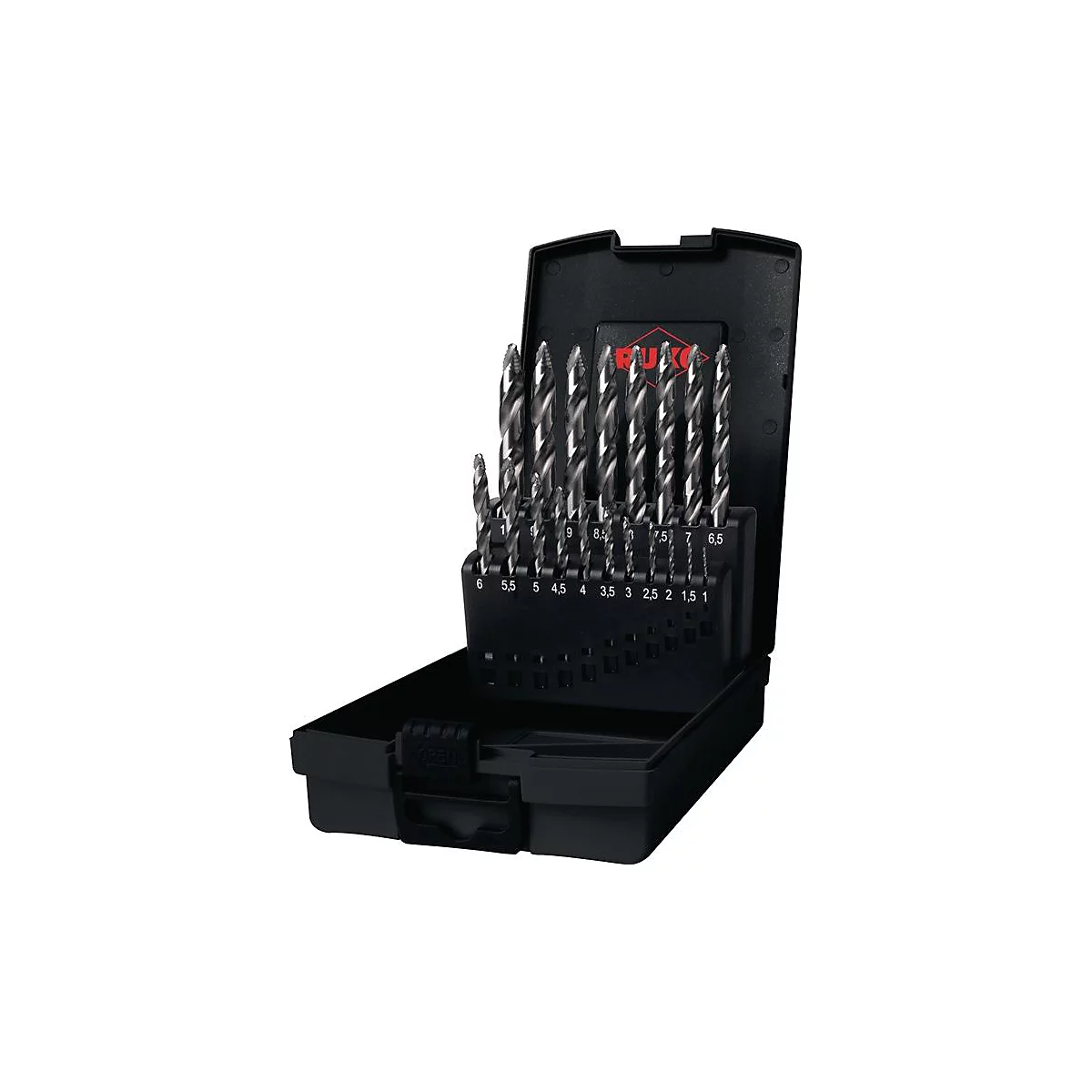 RUKO Spiralbohrersatz ULTIMATECUT FS, Ø 1-10 mm, DIN 338, HSS, 3-Flächenschaft, FLOWSTEP®-Spitze, 19-teilig