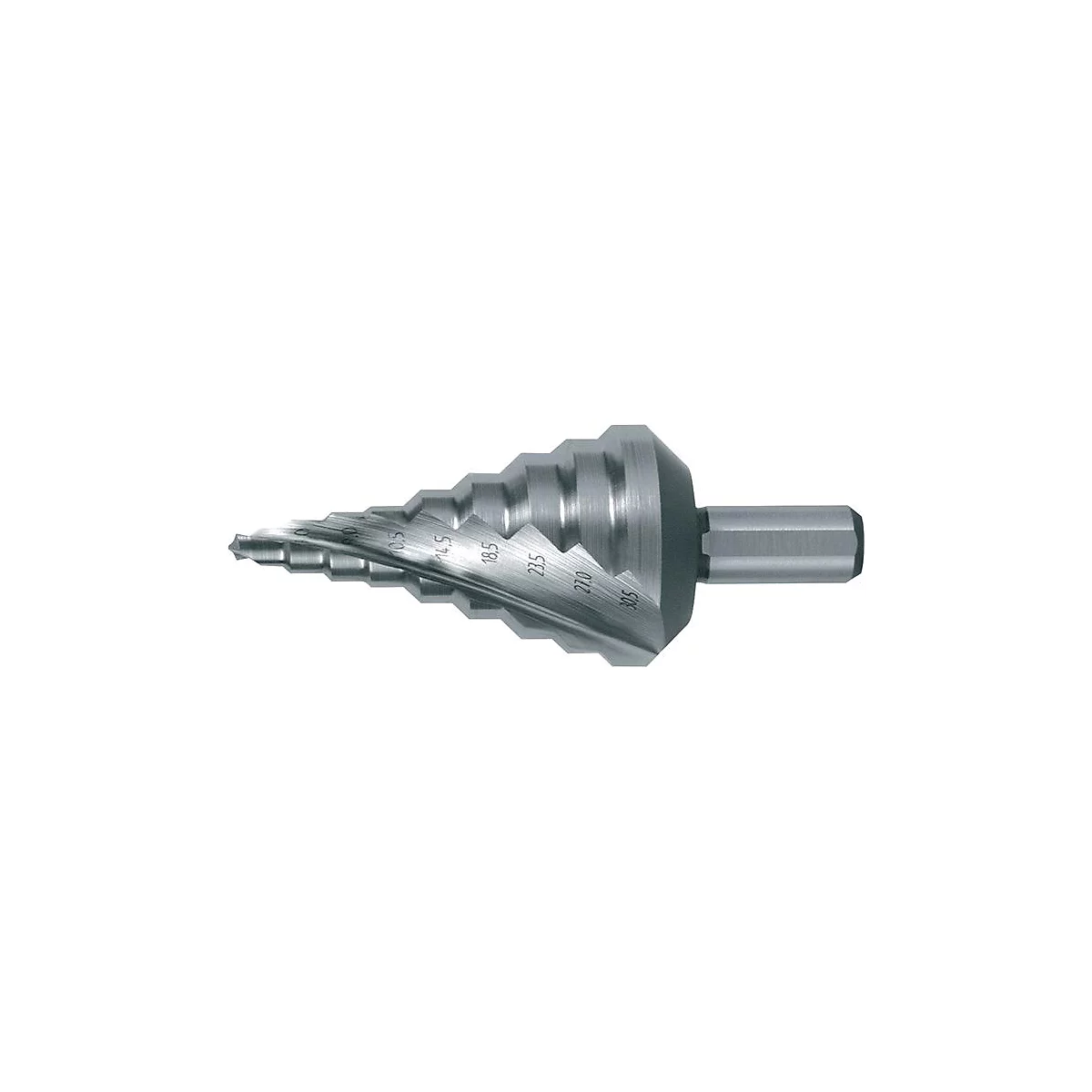 Metalen trapboor met gegraveerde maatmarkeringen.
