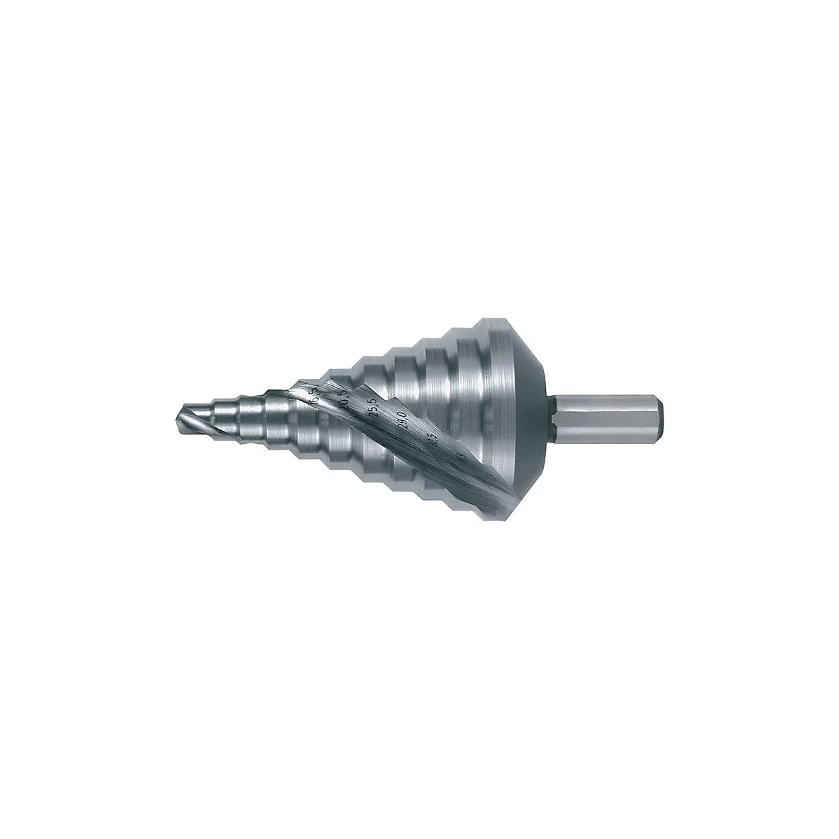 Een metalen verzinker in trappen gerangschikt. Afmetingen zijn zichtbaar op het oppervlak.