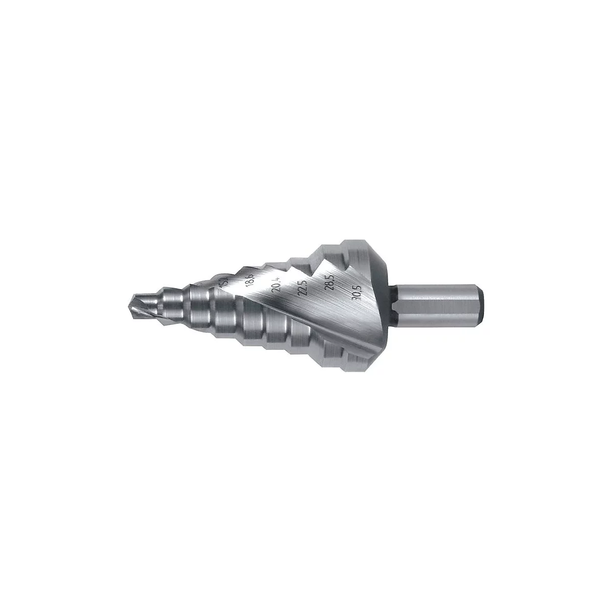 Een trapboor van metaal, met groote indicaties in witte letters. De schacht is zeshoekig.