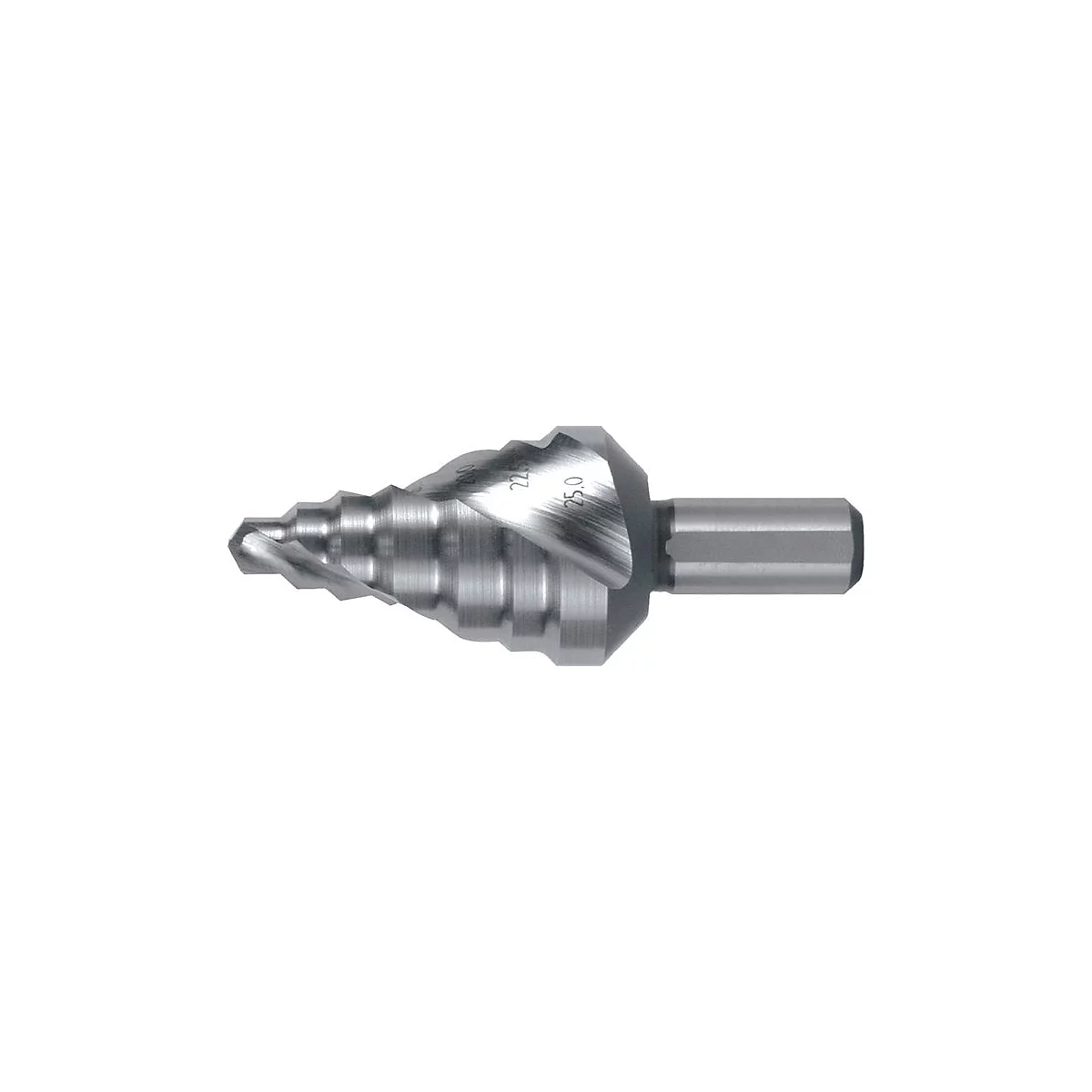 RUKO Stufenbohrer, Bohrbereich 6-25 mm, HSS, Spiralnut Z.2, 7 Stufen, Spitzenwinkel 118°, Schaft mit 3 Spannflächen