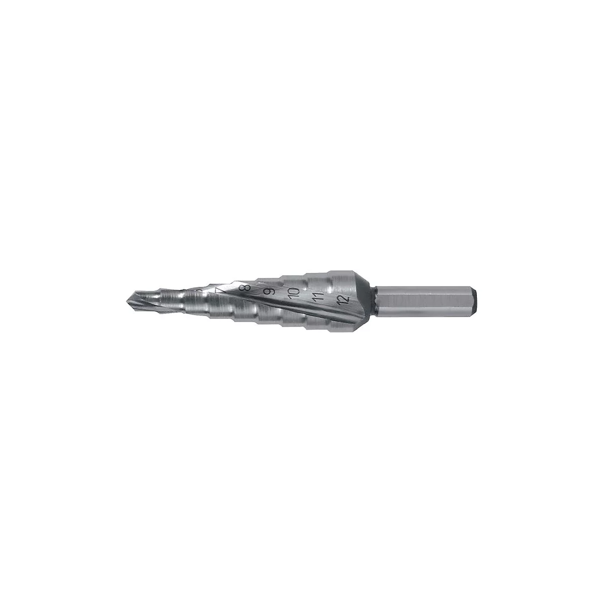 Stufenbohrer aus Metall, Zahlen 8 bis 12. Der Bohrer hat eine spiralförmige Spitze und einen sechseckigen Schaft.