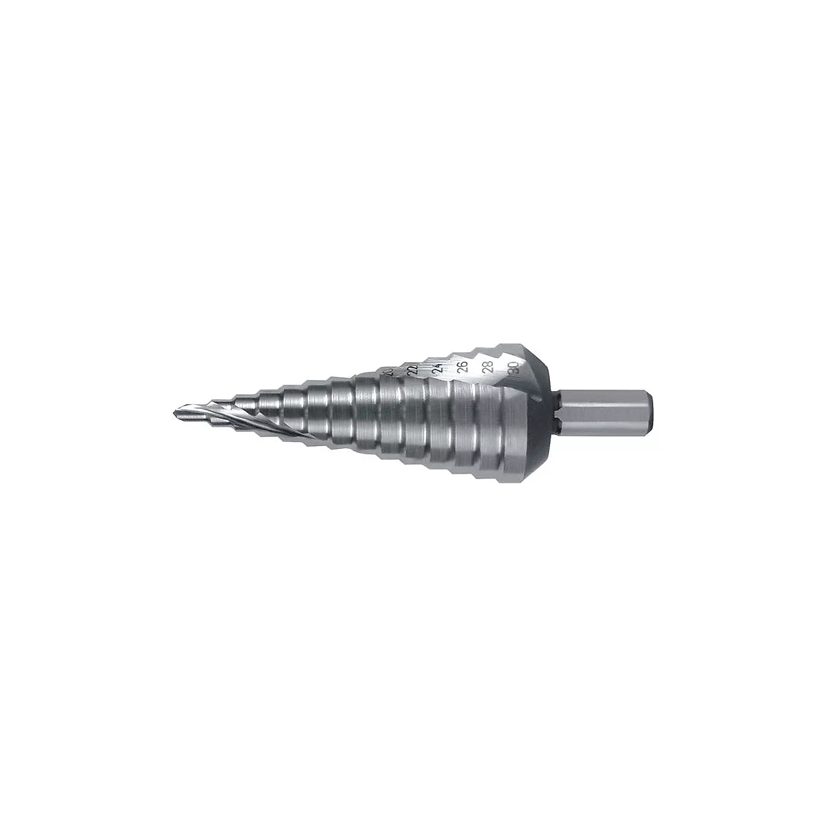 Konischer Stufenbohrer aus Metall mit eingeprägten Größenangaben.