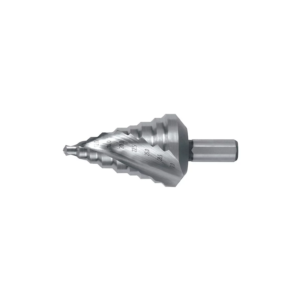 RUKO Stufenbohrer HSS, Ø 6-32 mm, Spiralnut, Z.2, 9 Stufen, Spitzenwinkel 118°, L 76 mm