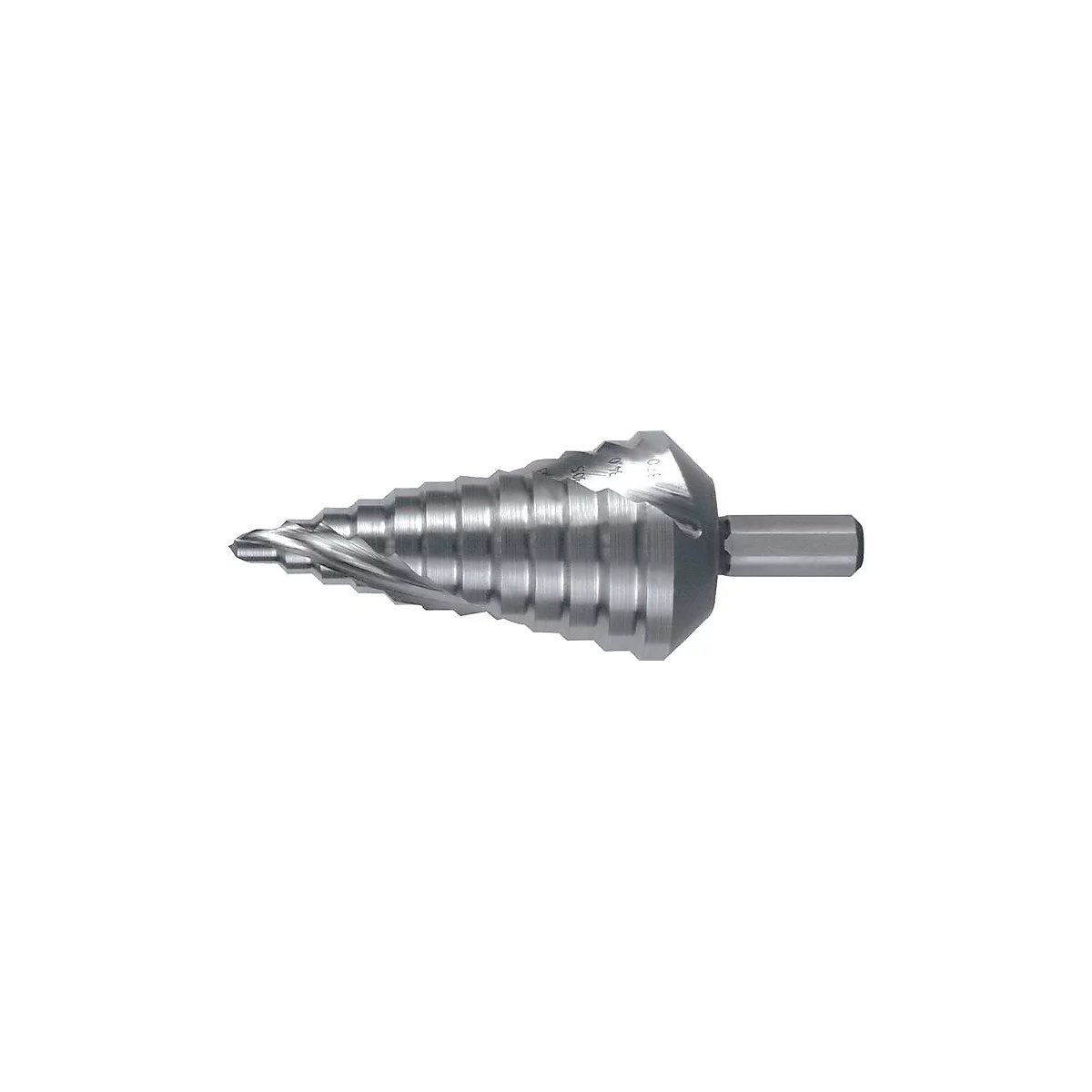 Metall-Stufenbohrer mit spiralförmiger Spitze und sechseckigem Schaft.