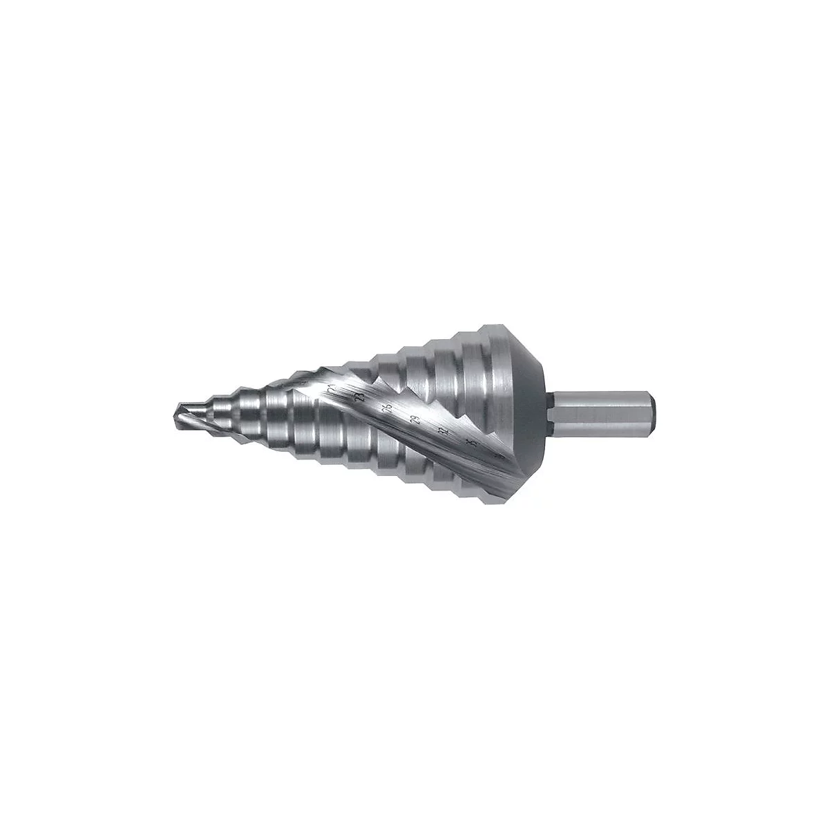 Ein Stufenbohrer aus Metall, mit abgestuften Spiralen und einem hexagonalen Schaft.