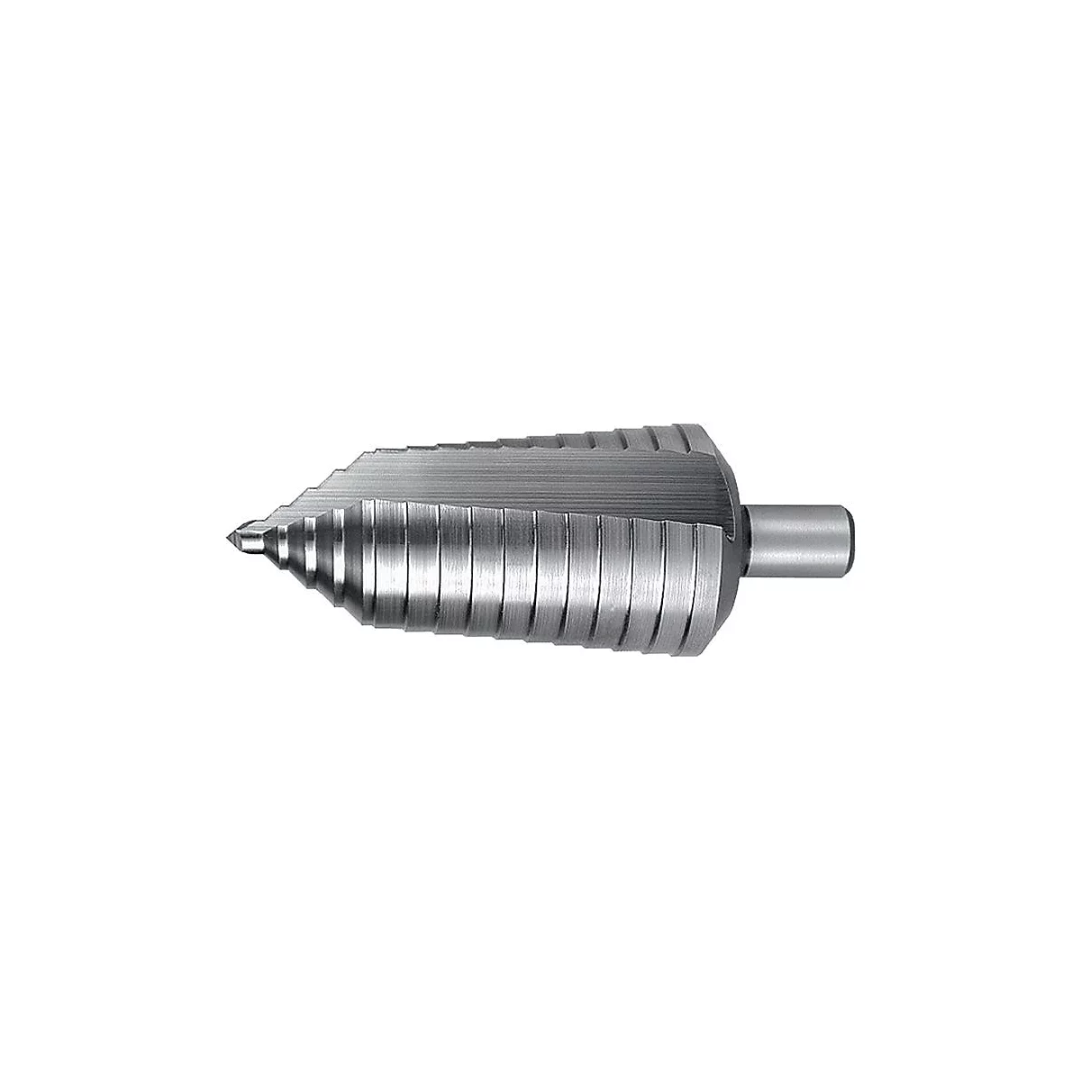 Metall-Stufenbohrer mit scharfer Spitze und Stufen. Graue Farbe, detailreich.