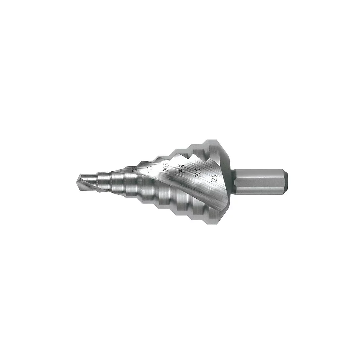 Metalen trapboor met maatmarkeringen. De punt is links, de zeskantige schacht rechts.