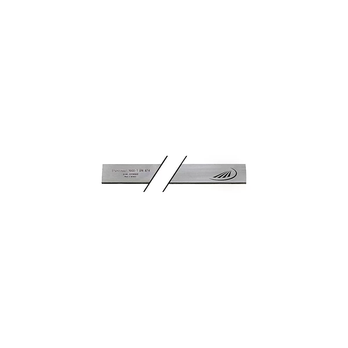 Gray metal ruler with text: STANLImeas 1000-1 DN 874, below logo in black.