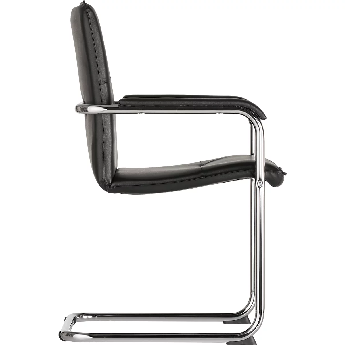 Side view of a black cantilever chair. Chrome frame, padded seat, backrest and armrests.