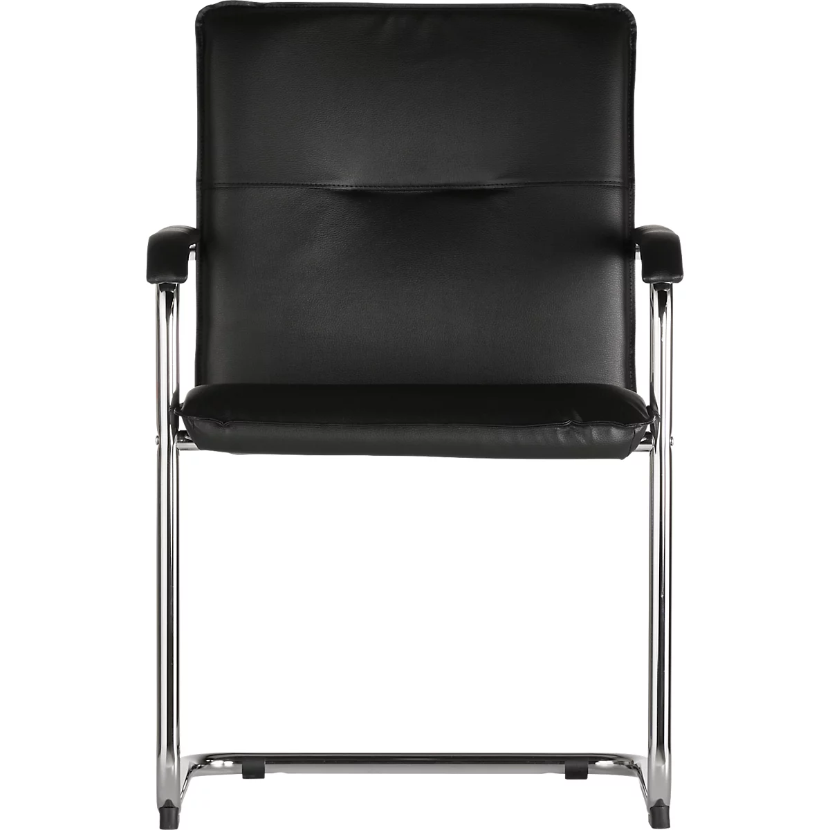 Black conference chair with armrests against a white background. Metal legs and black leather seat.