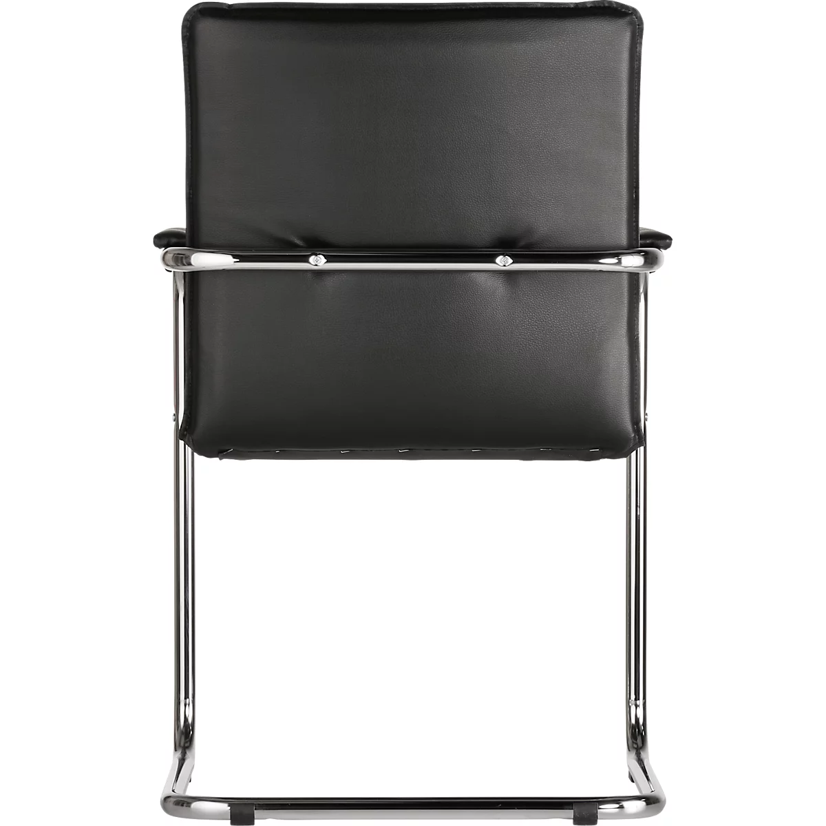 Black chair with metal frame, front view. Seat and backrest upholstered.