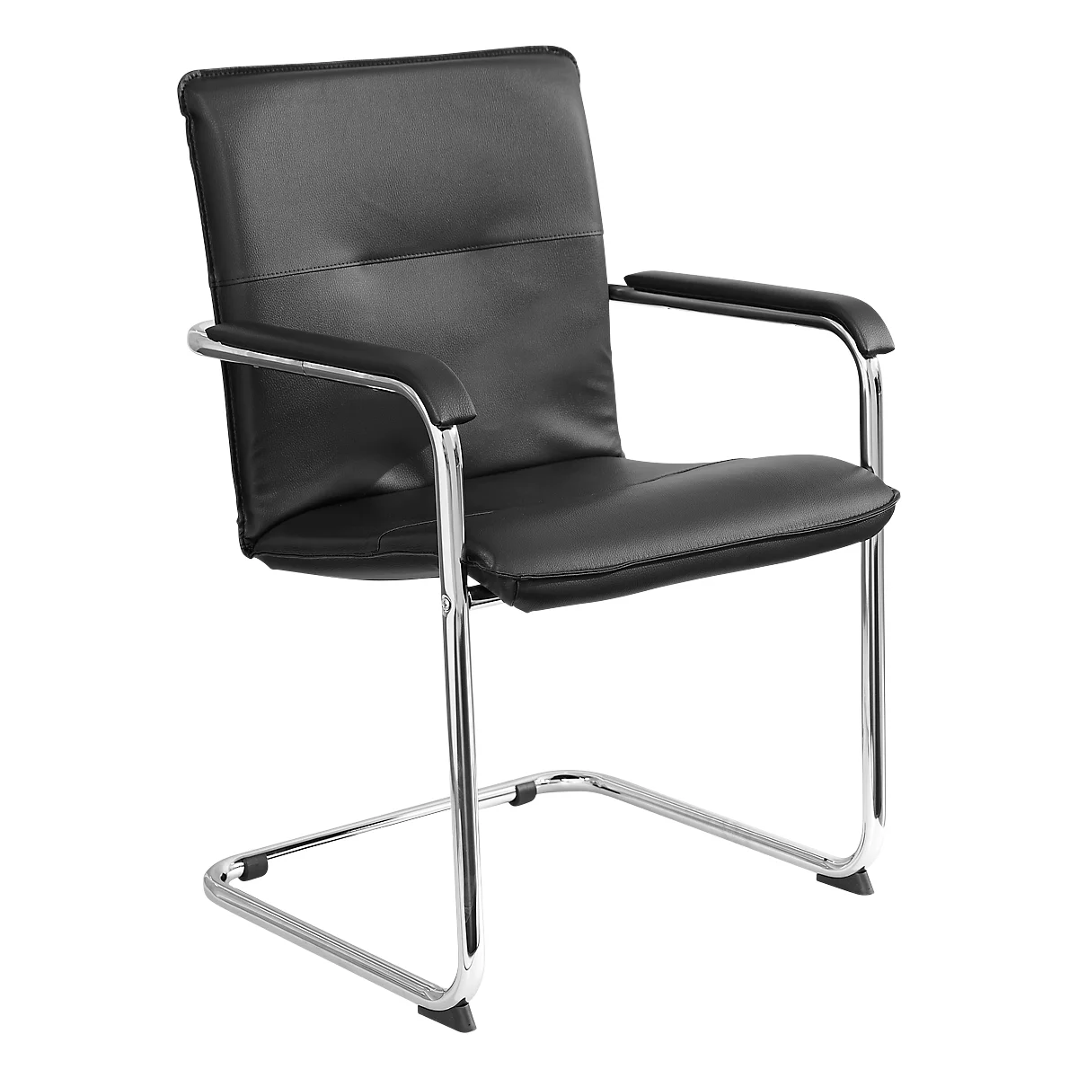 Black chair with armrests, chrome frame and padded seat.