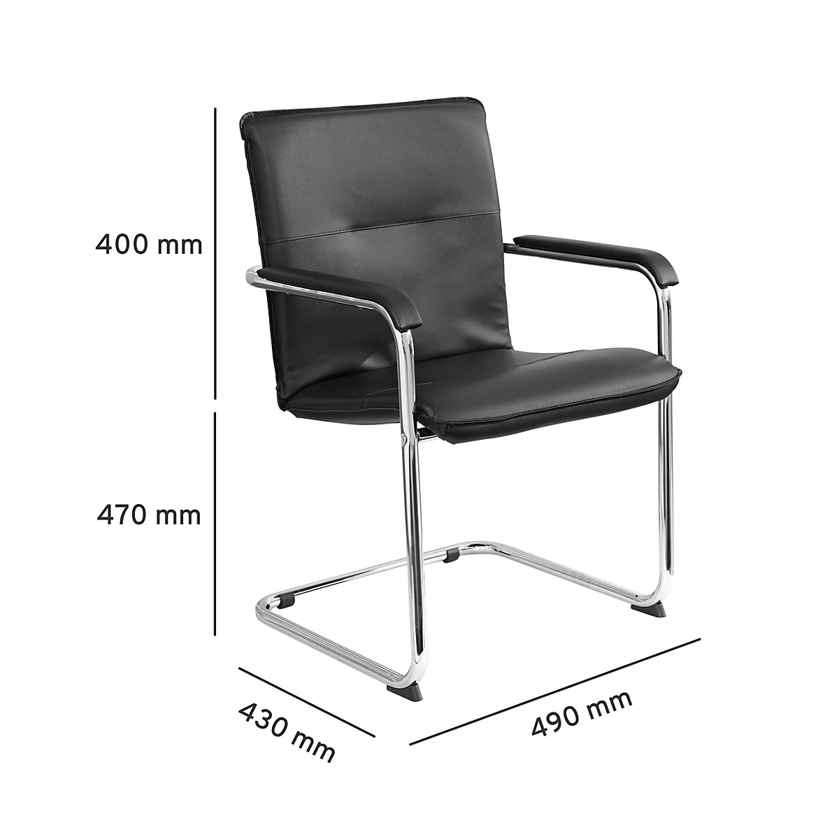 Black conference chair with armrests. Chrome frame. Dimensions: 400mm high, 470mm seat height, 430mm wide, 490mm deep.