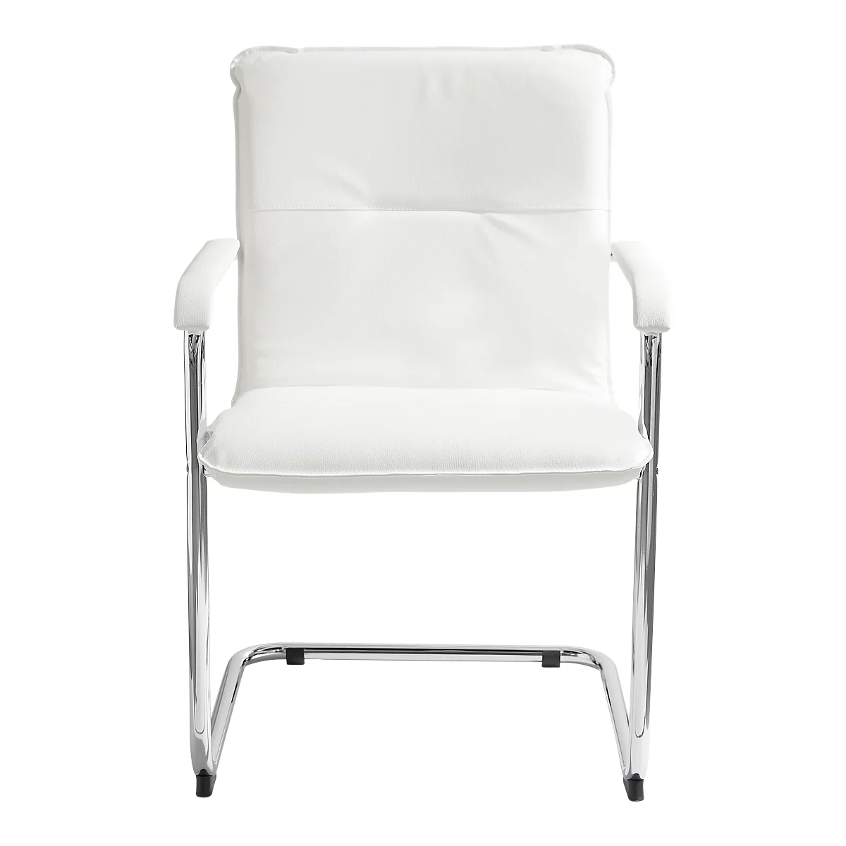 White office chair, leather, with armrests and chrome frame.
