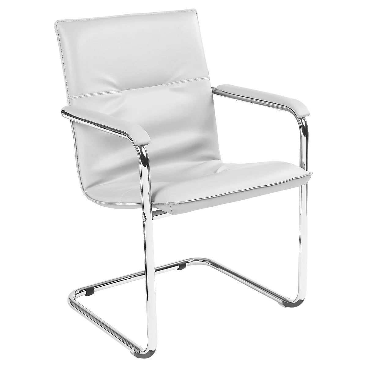 White cantilever chair with a chrome frame. The seat and backrest are upholstered.