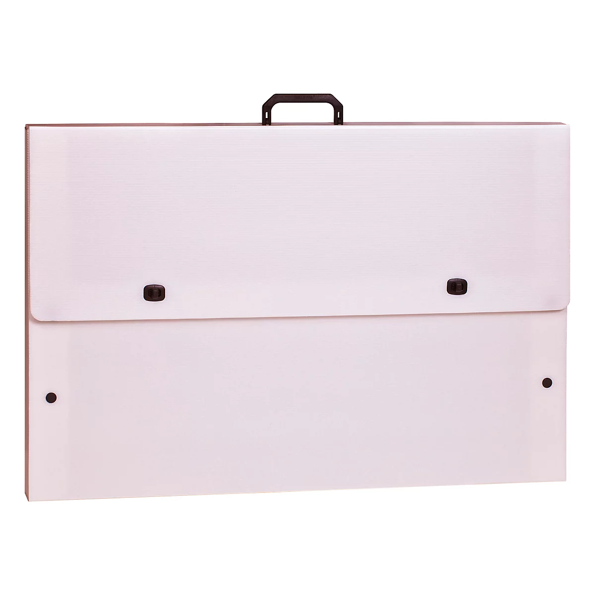 Hellrosa Mappe mit Griff und Druckknöpfen. Das geschlossene Etui ist detailreich strukturiert.