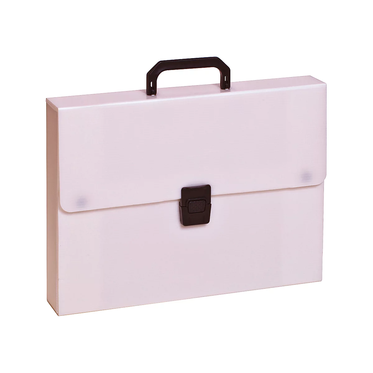 Hellrosa Aktentasche mit schwarzem Griff und Verschluss. Sie ist geschlossen und steht aufrecht.