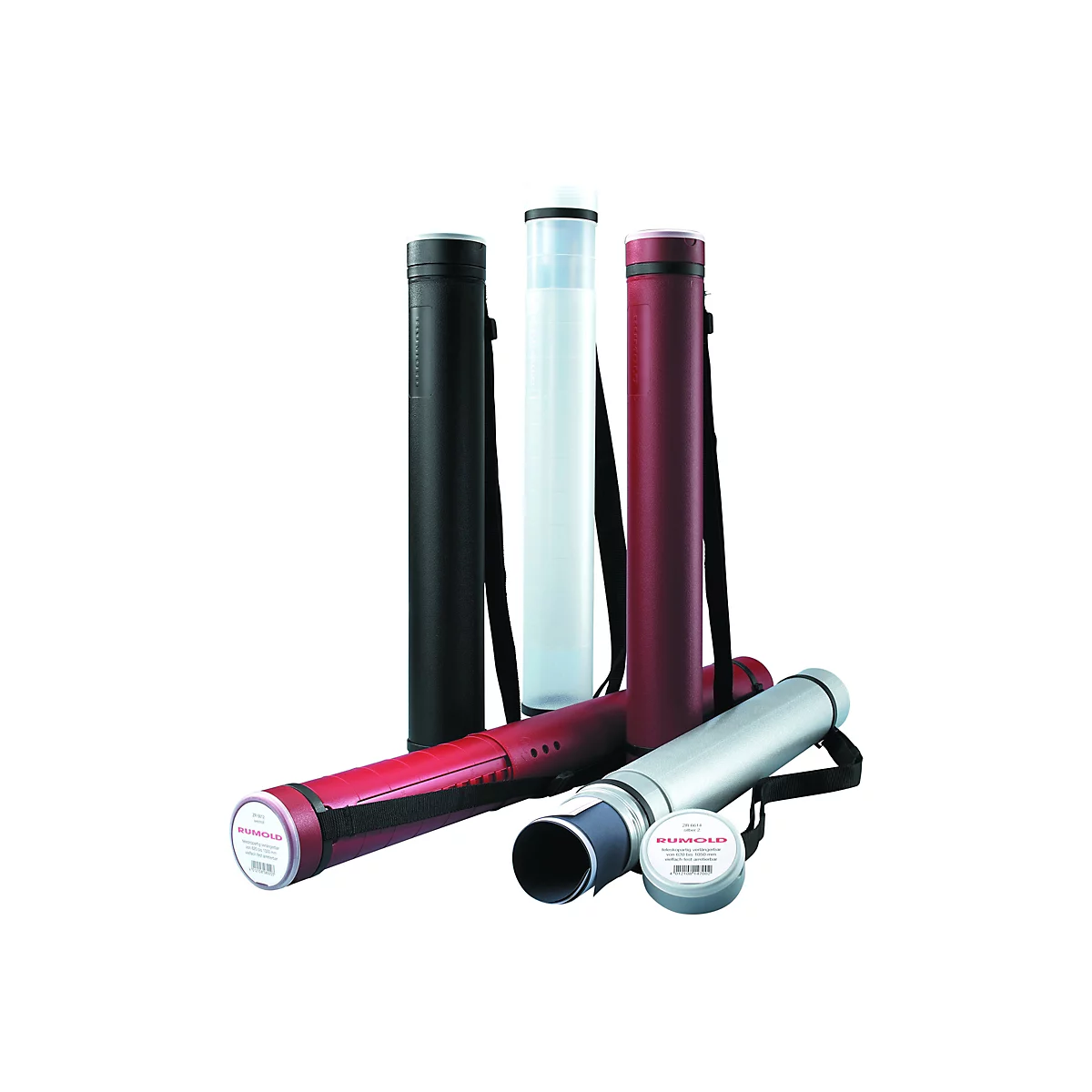 Verschiedene Zeichenrollen in Schwarz, Weiß, Rot und Silber. Jede Rolle hat einen Tragegurt und ist mit "RUMOLD" beschriftet.