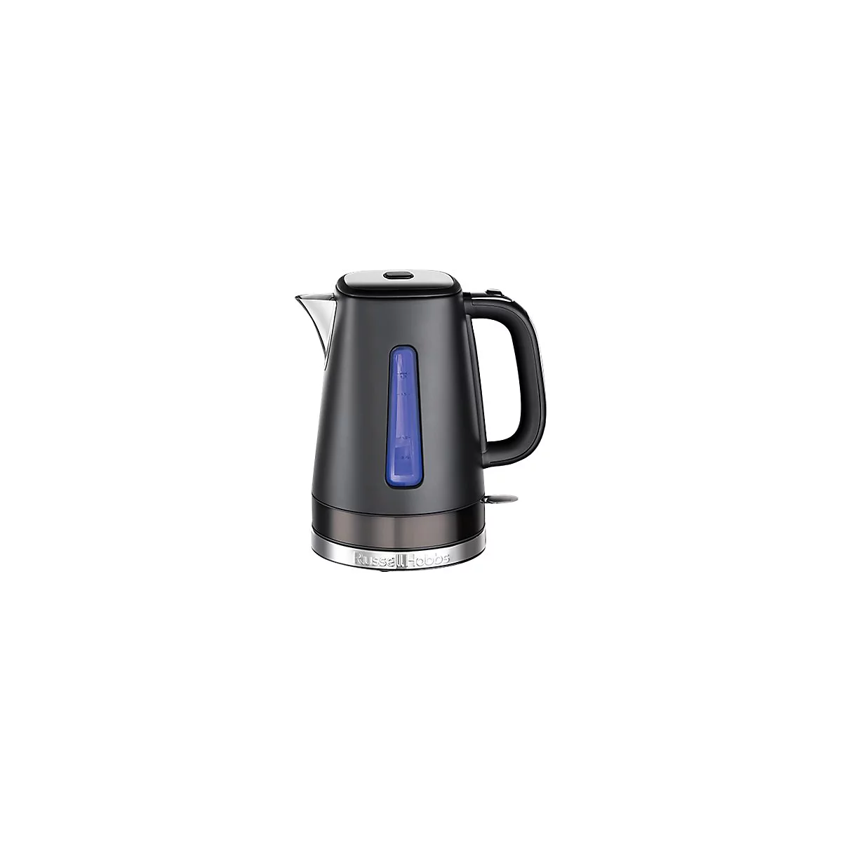 Schwarzer Russell Hobbs Wasserkocher mit blauer Wasserstandsanzeige vor weißem Hintergrund.