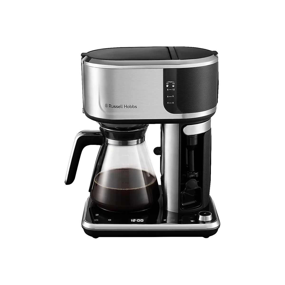 Moderne Russell Hobbs Kaffeemaschine mit Glaskanne und digitaler Zeitanzeige auf schwarzem Sockel.