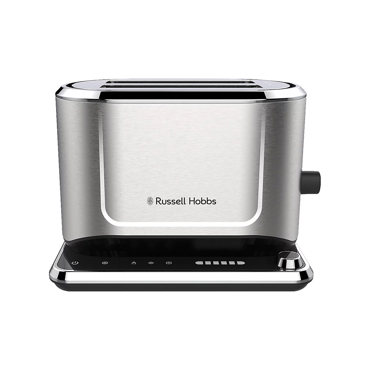 Moderner Russell Hobbs Toaster aus Edelstahl mit Touch-Bedienfeld auf schwarzer Basis vor weißem Hintergrund.