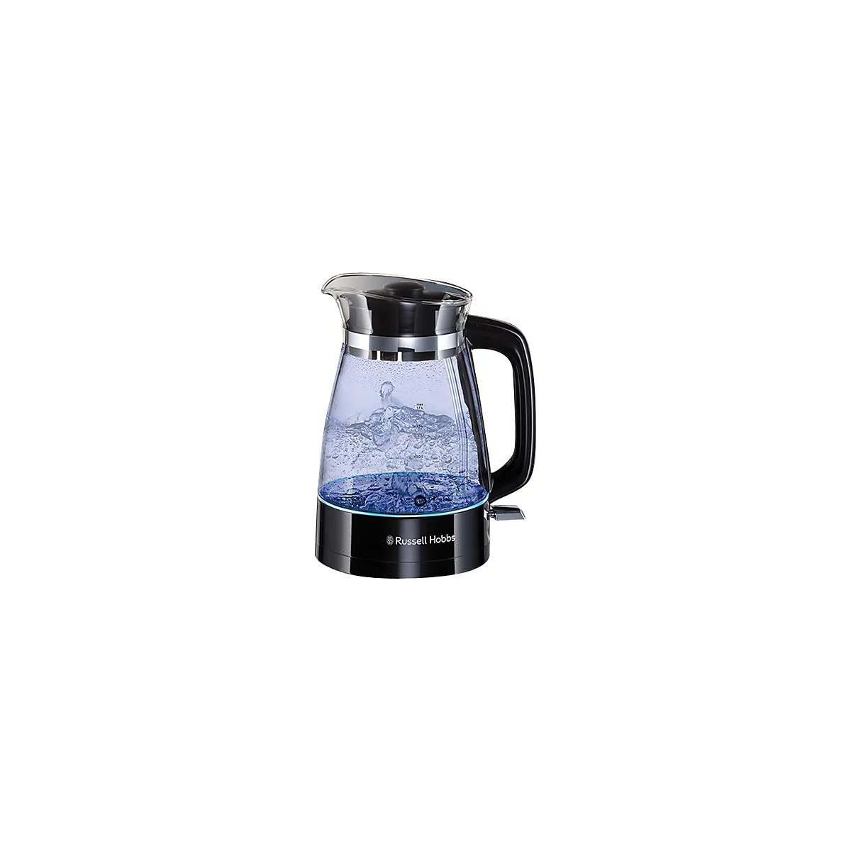 Russell Hobbs Wasserkocher aus Glas mit schwarzem Sockel und Griff, leuchtet beim Erhitzen blau.
