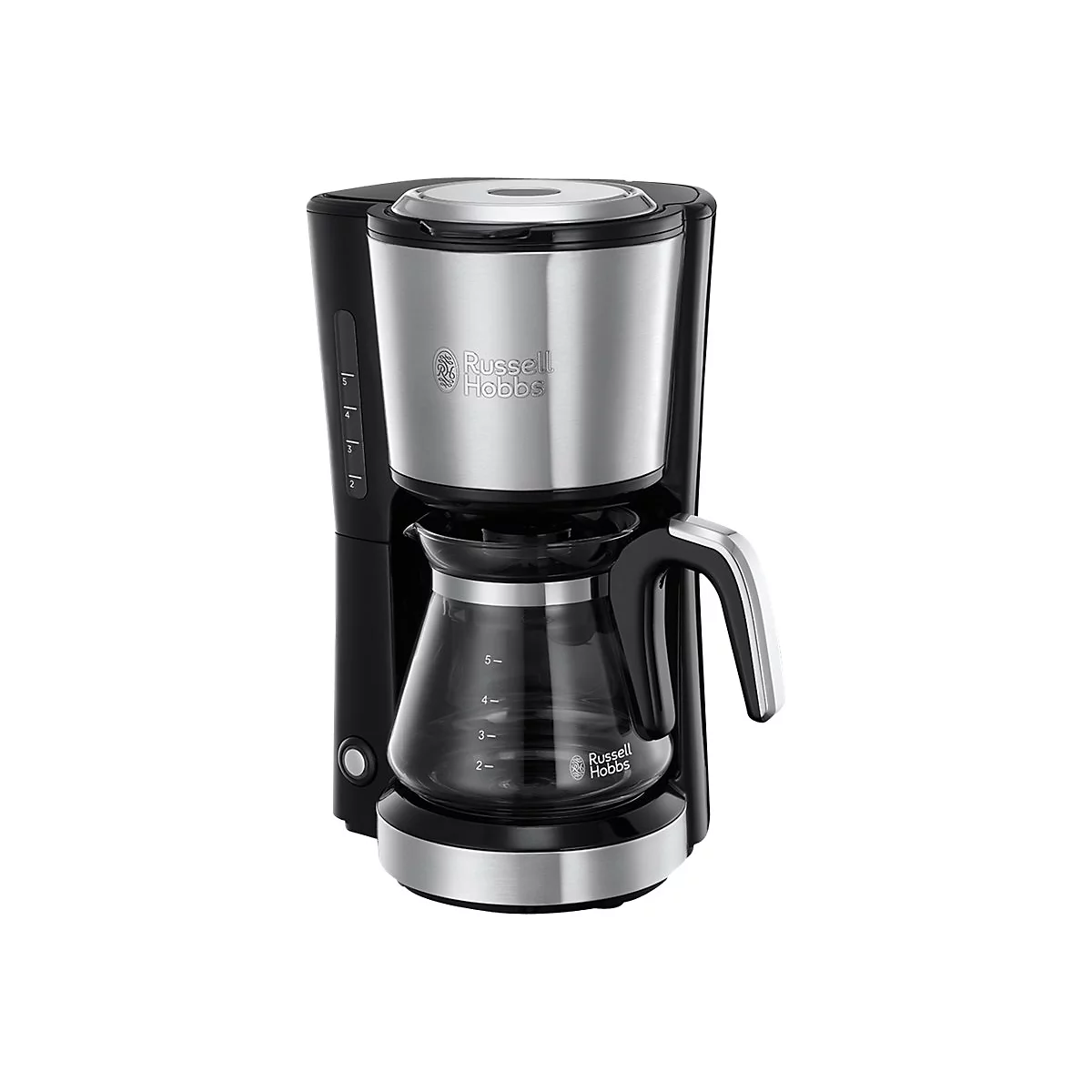 Schwarze Russell Hobbs Kaffeemaschine mit silbernen Metallelementen und Glaskanne vor weißem Hintergrund.