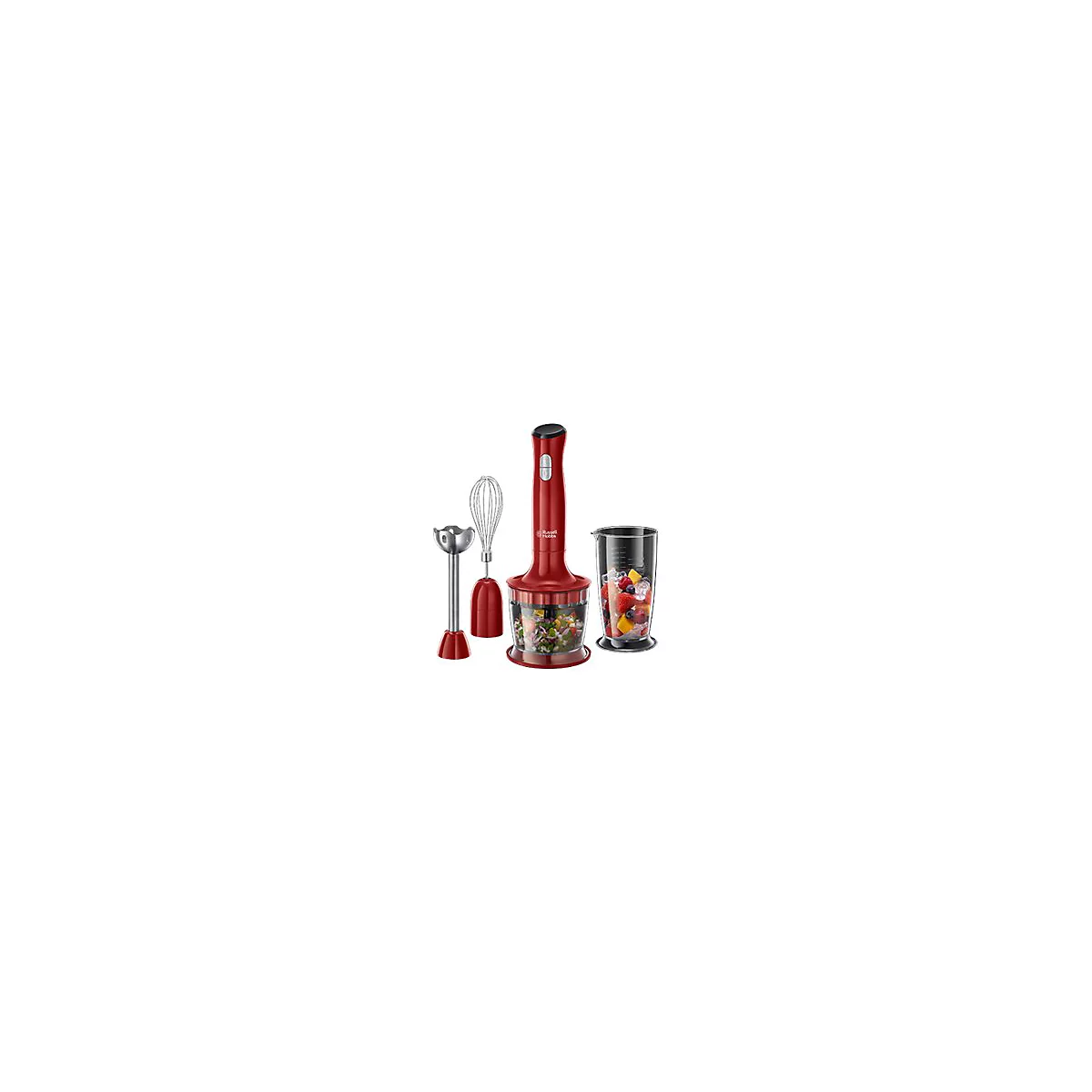 Roter Russell Hobbs Stabmixer mit Zubehör, Schneebesen, Zerkleinerer und Mixbecher vor weißem Hintergrund.