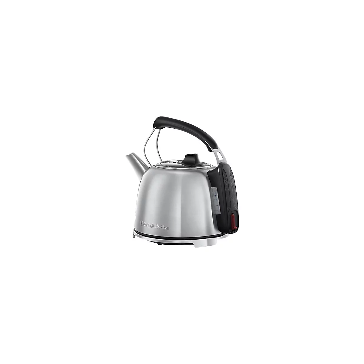 Edelstahl-Wasserkocher von Russell Hobbs mit schwarzem Griff und rotem Schalter vor weißem Hintergrund.