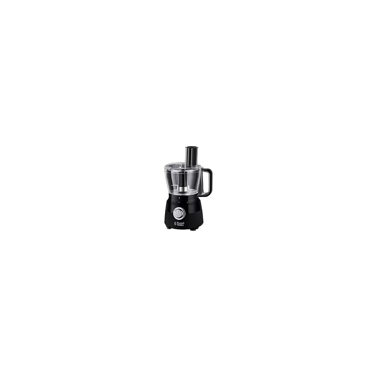 Schwarze Russell Hobbs Küchenmaschine vor weißem Hintergrund.