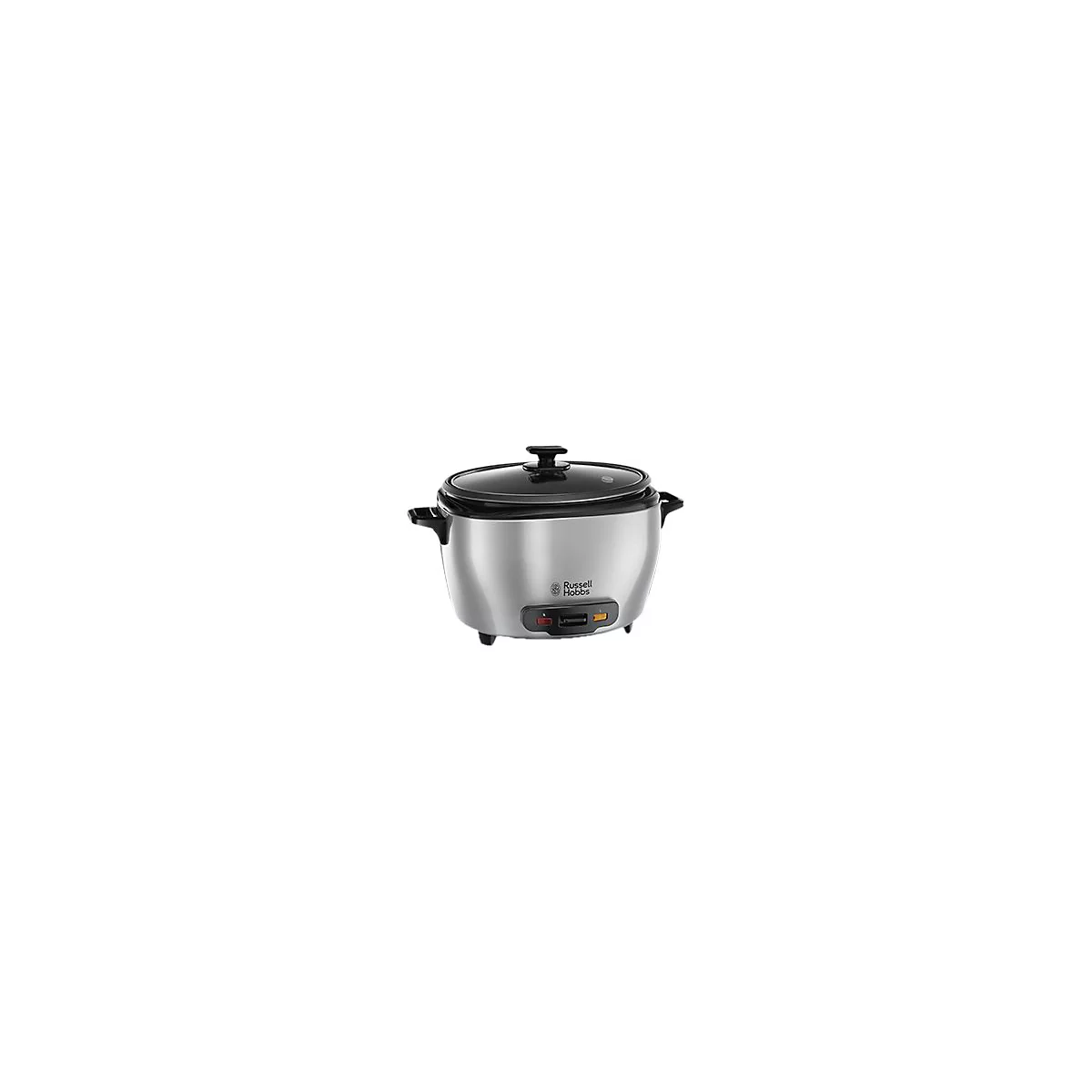 Edelstahl-Reiskocher von Russell Hobbs mit schwarzem Deckel und Bedienelementen vor weißem Hintergrund.