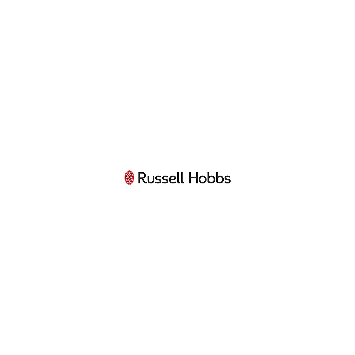 Das schwarze Logo von Russell Hobbs mit einem roten ovalen Symbol mit den Buchstaben RH links daneben.