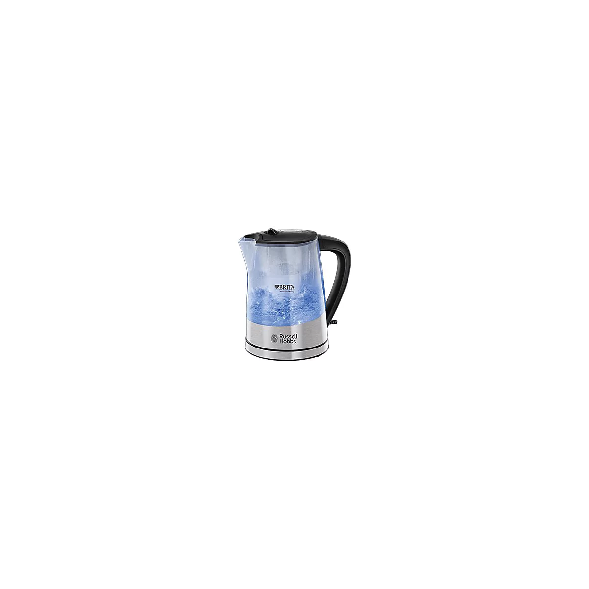 Russell Hobbs Wasserkocher mit Brita-Filter, Edelstahlgehäuse und beleuchtetem, transparentem Glasbehälter.