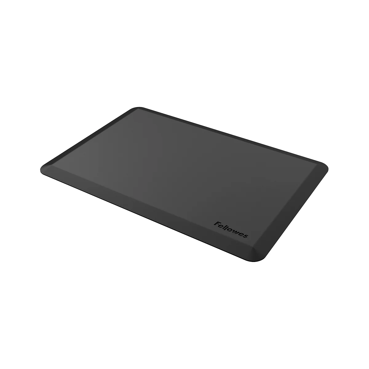Schwarze, rechteckige, ergonomische Stehmatte mit dem Schriftzug Fellowes.