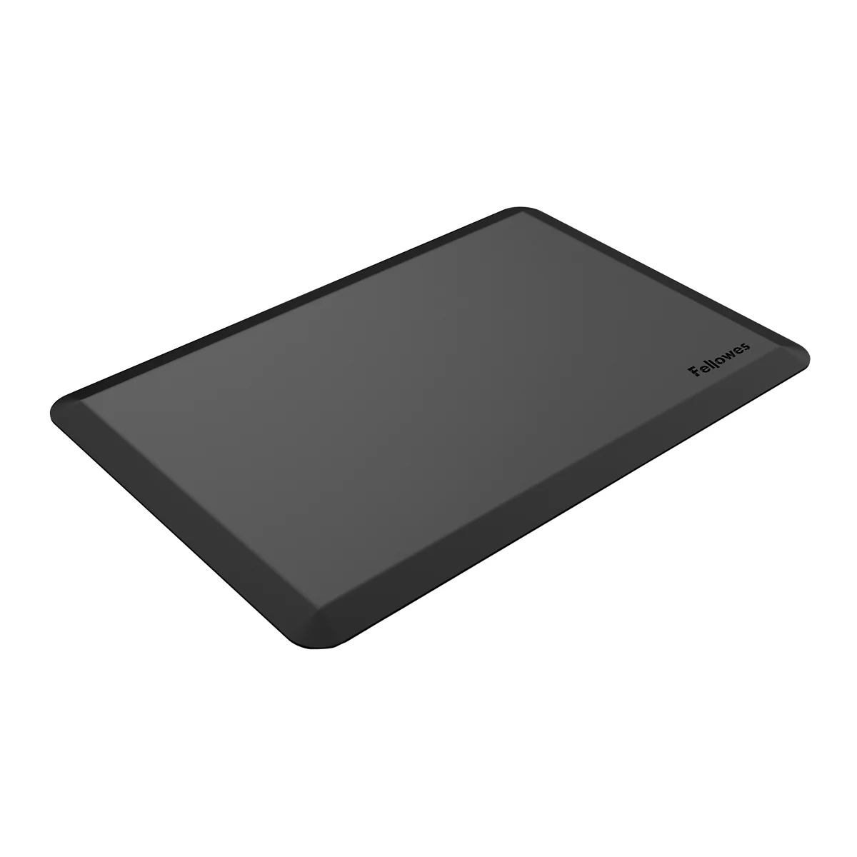 Ein rechteckiges, schwarzes Schreibtisch-Pad. Der Rand ist abgerundet, in der Ecke steht "Fellowes".
