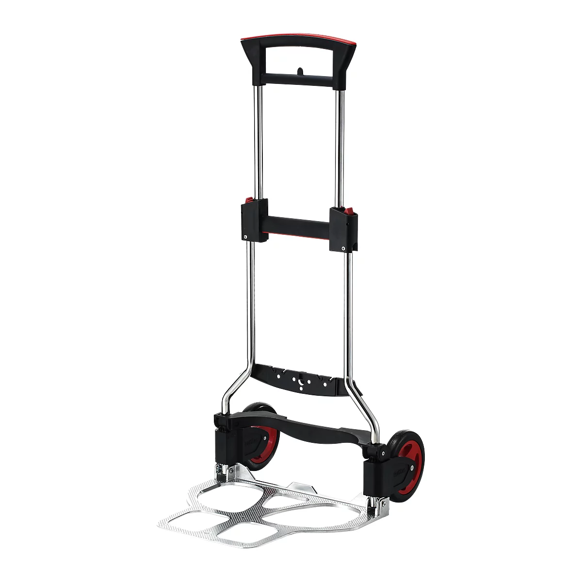 A folding transport cart, silver frame, black and red accents, two wheels. The handle is red.
