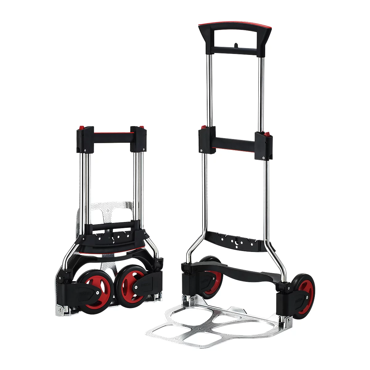 Two shopping trolleys, one folded, one unfolded. Both have red wheels and black handles. Made of metal.