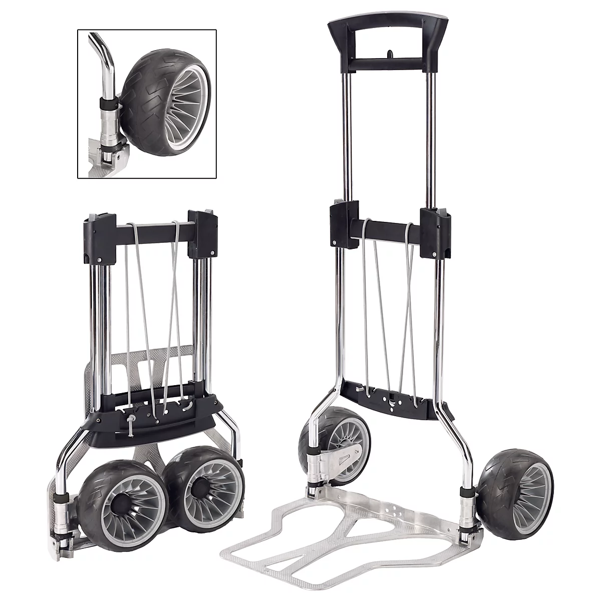 Collapsible transport cart with silver frame and black wheels, shown partially collapsed.