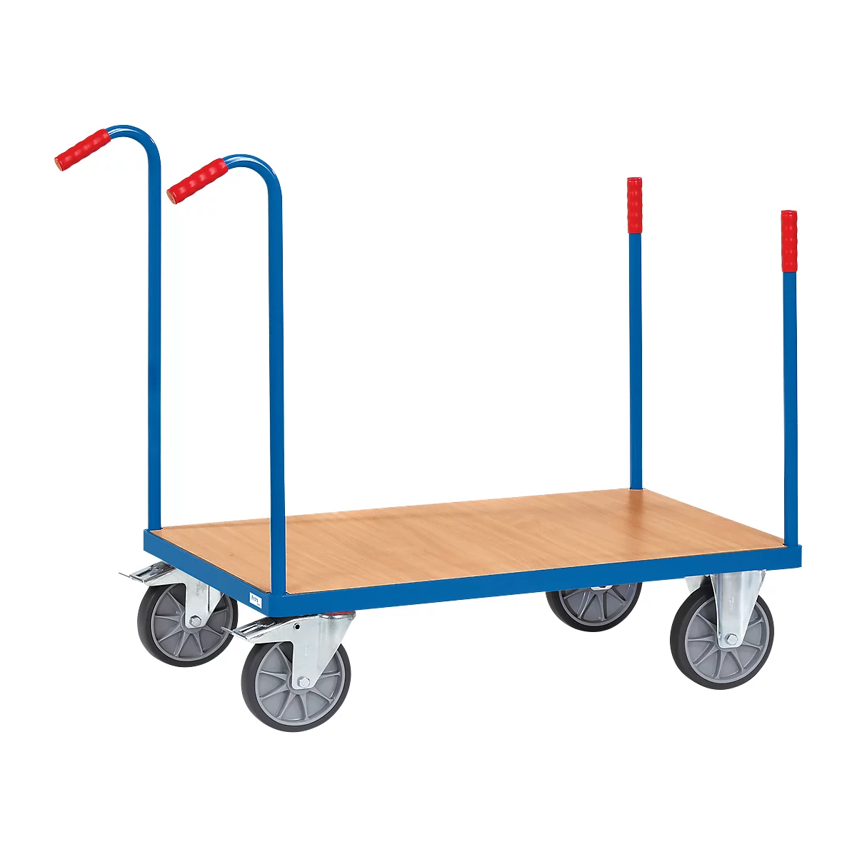 Blue cart with brown loading surface and red handles. Four wheels.
