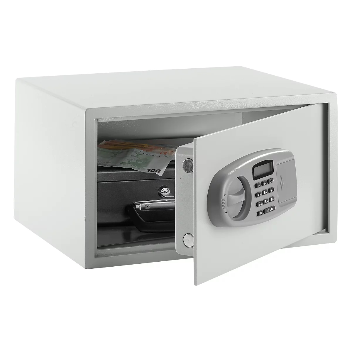 A white safe with an open door, showing cash and a black safe inside. The safe has a digital control panel.
